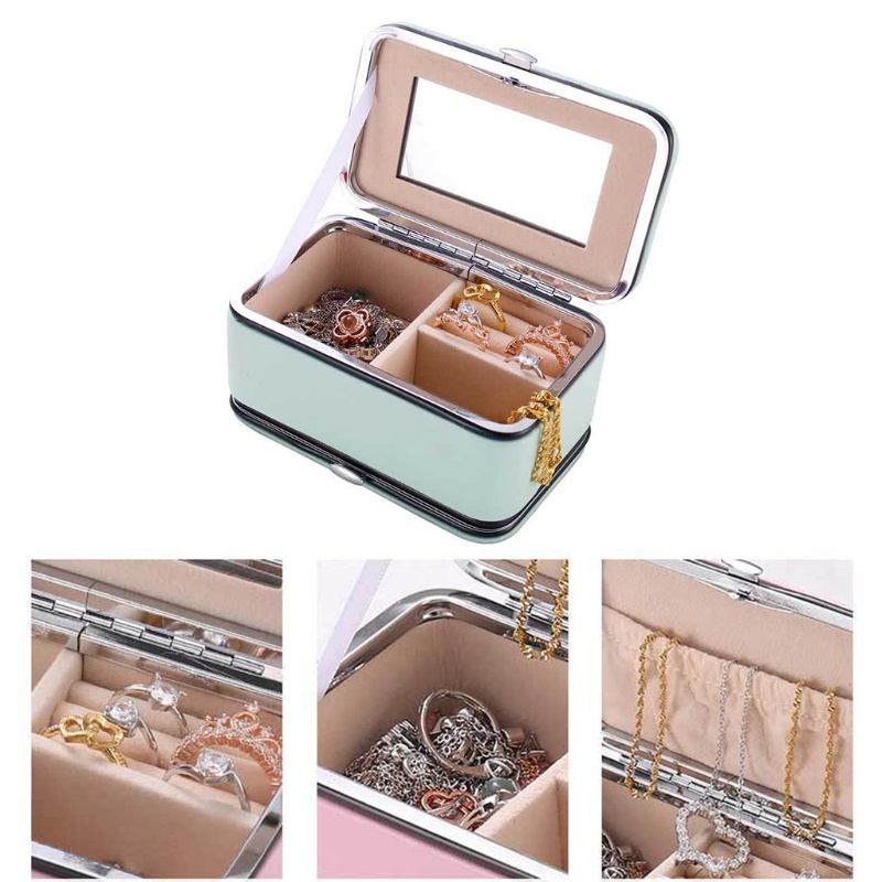 Hộp Đựng Trang Sức Làm Móng Bằng Da PU 2 Tầng Kèm Gương Soi