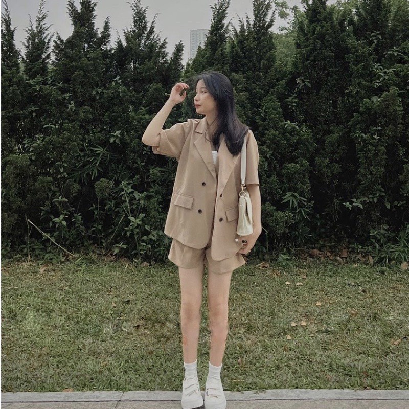 Set Áo Vest Blazer Cộc Tay Basic Kèm Quần Short Đùi Màu Trơn Thanh Lich Chuẩn Form Chất Đẹp 2