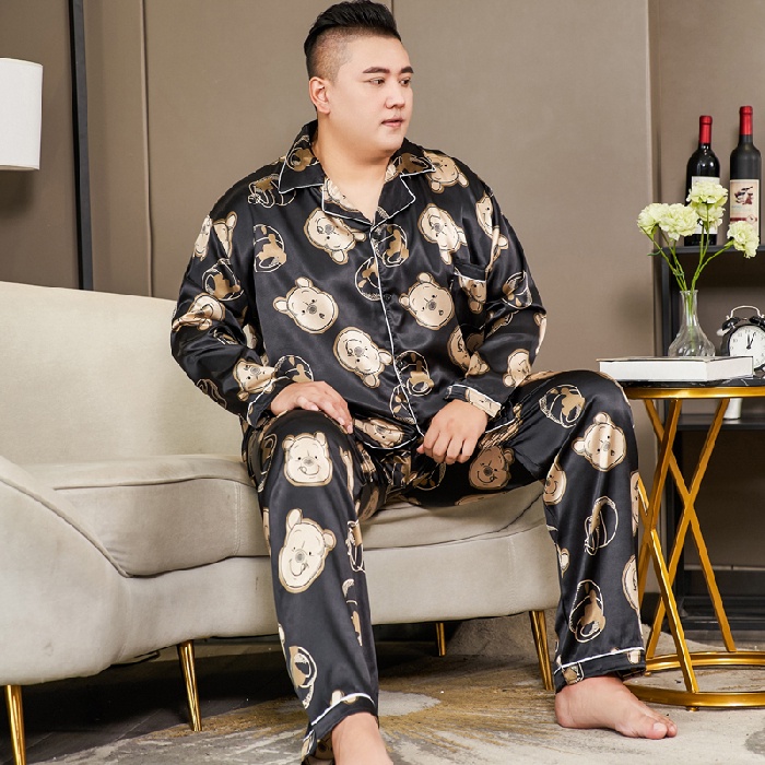 Bộ Đồ Ngủ Tay Dài Vải Lụa Satin Dáng Rộng Thời Trang Hàn Quốc Cho Nam Size 3XL-5XL