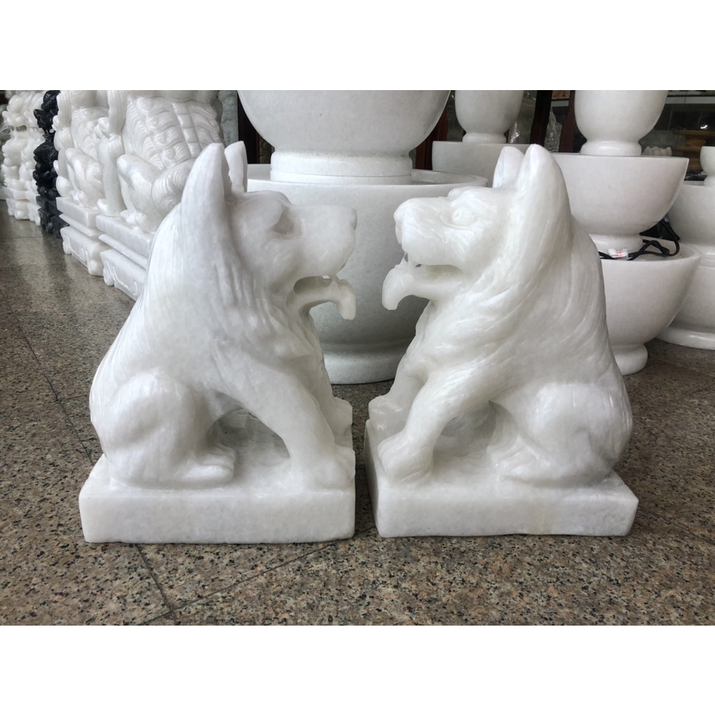 Cặp tượng chó đá phong thủy đá trắng gác cổng - Cao 30 cm