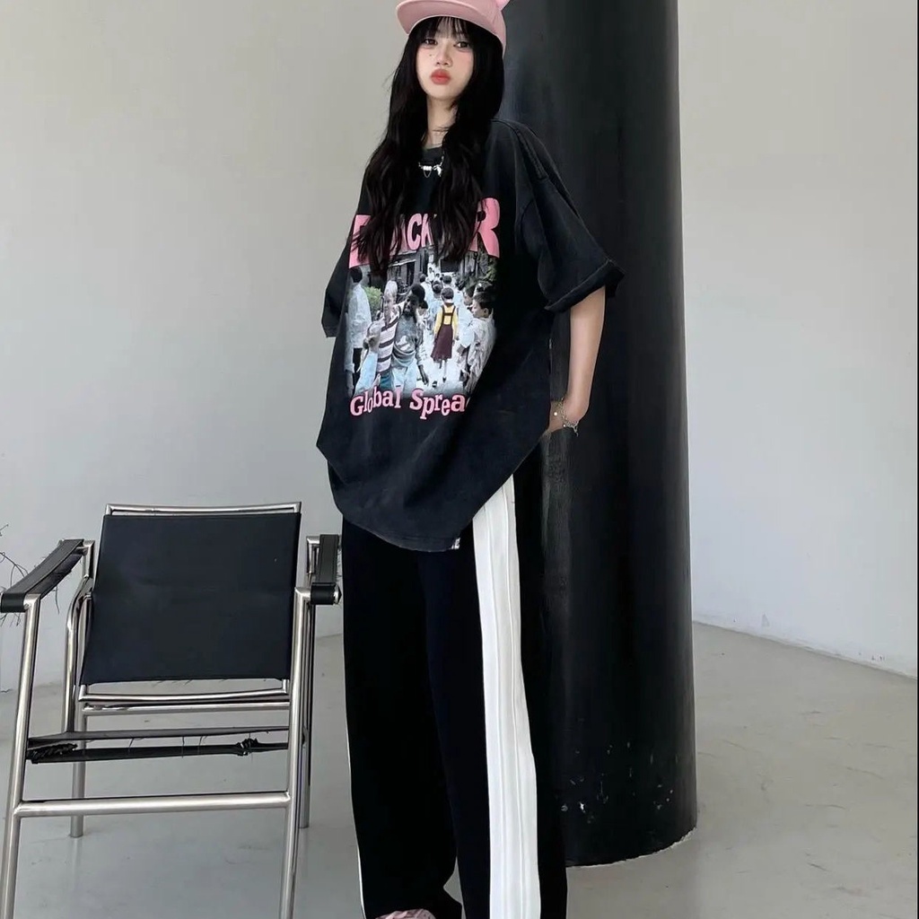 Jiashucheng Áo Thun Nữ Ngắn Tay In Hình Phong Cách Hip Hop Mỹ Cá Tính