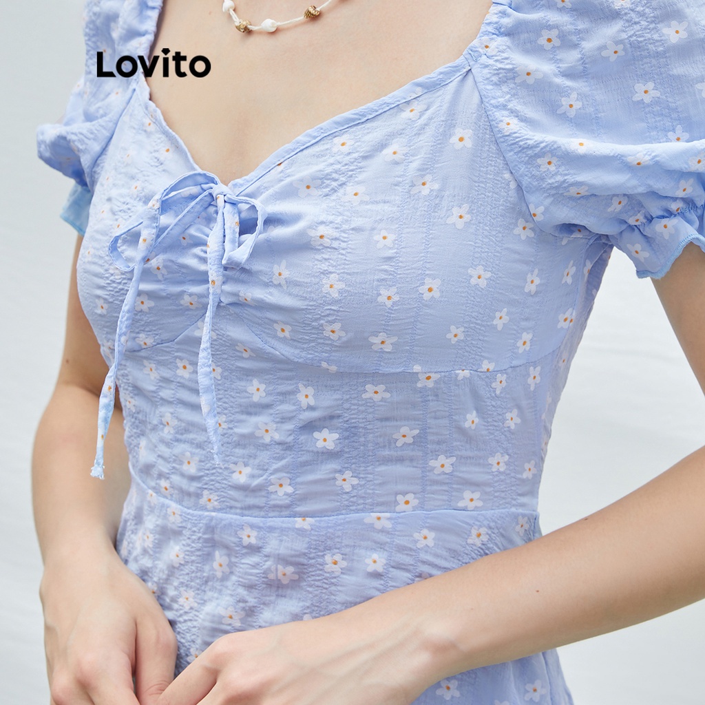 Lovito Váy tay phồng hoa ren lên Boho L24ED141 (Xanh lam)