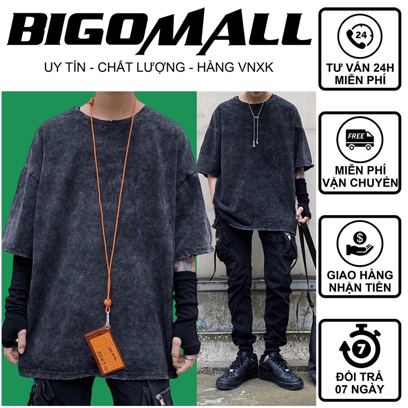 Áo thun tay lỡ Loang Đen Xám Trơn BIGOMALL - Áo phông nam nữ unisex Freesize from rộng 65kg