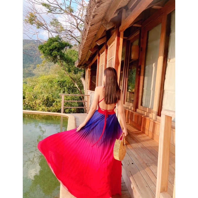 (miễn phí chỉnh váy) đầm maxi yếm dập li màu loang ombre cầu vồng nhiều màu đi biển du lịch chụp hình sống ảo | BigBuy360 - bigbuy360.vn