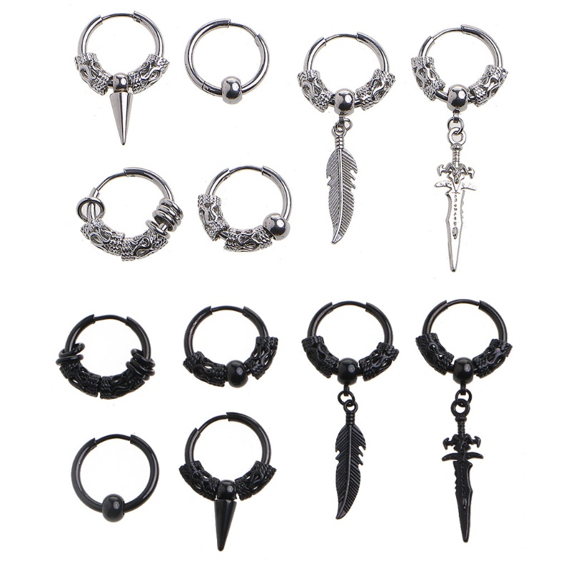Set 6 Khuyên Tai Tròn Bằng Thép Không Gỉ Họa Tiết Rồng Phong Cách Viking