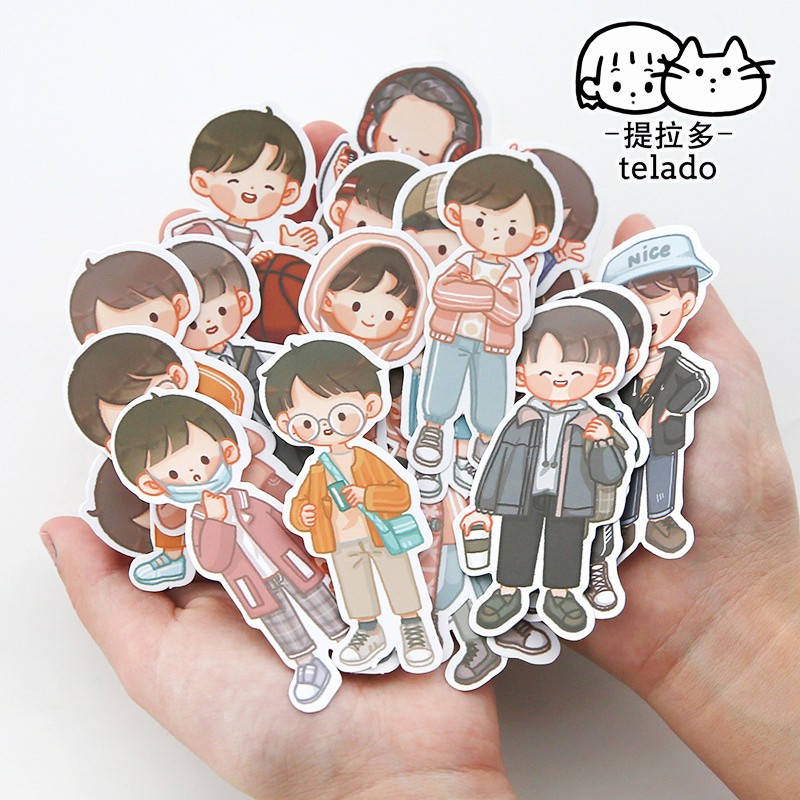 Hình dán TELAO trang trí sổ tay nhiều mẫu cô bé cậu bé học sinh siêu dễ thương, Túi sticker TELADO 20 miếng siêu xinh