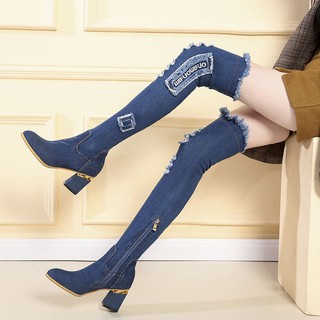 Boots cao cổ nữ, chất vải bò, cao gót, gót thô, co dãn, phong cách Hàn Quốc, dễ kết hợp, mẫu phù hợp cho mùa thu đông