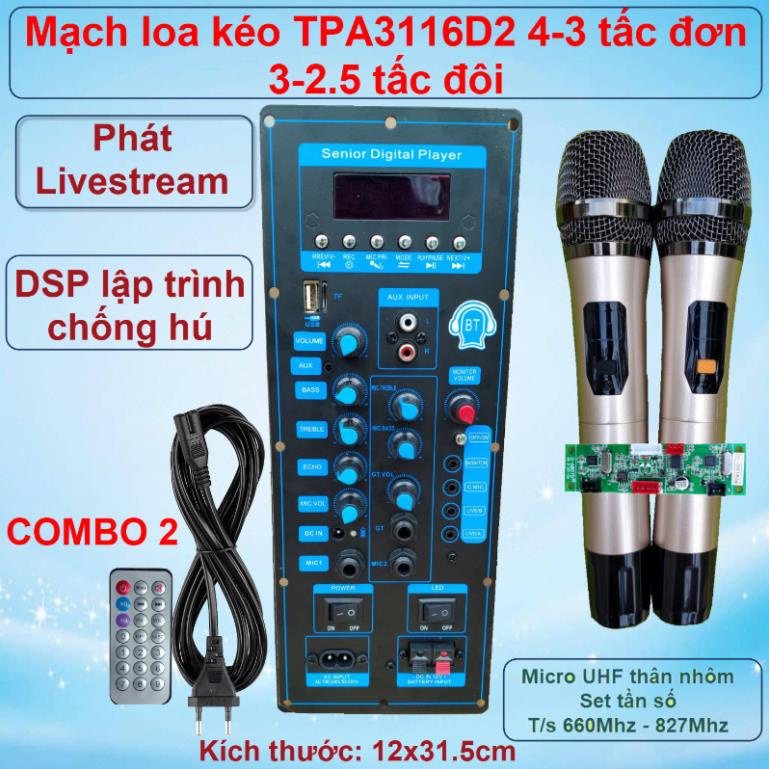Mạch loa kéo TPA3116D2 150W LIVESTREAM - DSP lập trình chống hú loa kéo 4 – 3 tấc ĐƠN 3 – 2.5 tấc ĐÔI Kèm Micro VR XANH