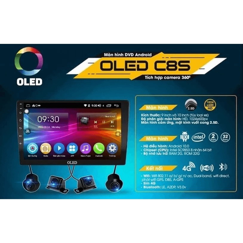 Màn liền camera 360 OLED C8S NEW cho các dòng xe ô tô, Màn hình dvd android OLED C8S ram 3g rom 32g, mặt dưỡng, zắc zin