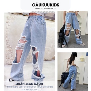 Quần jeans rách, jean ống rộng bé gái 5-16 tuổi cao cấp Quảng Châu.