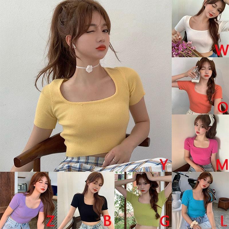 Áo Croptop Dệt Kim Tay Ngắn Cổ Vuông Màu Trơn Phong Cách Hàn Quốc