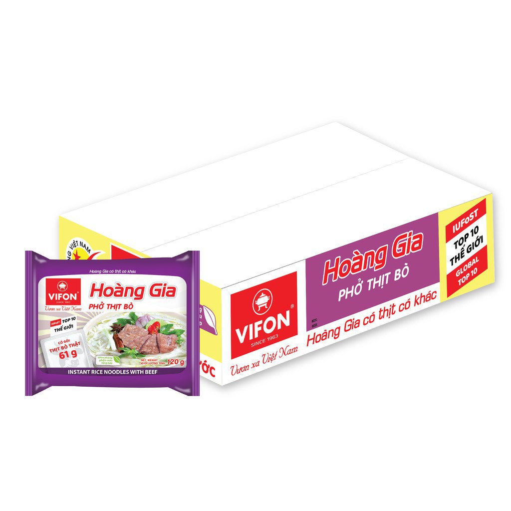 Thùng 18 Gói Phở Bò Hoàng Gia Có Gói Thịt Thật vf ( 120g x 18 gói ) hsd 2021