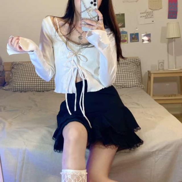 Áo bralette ren phối cardigan thắt nơ + chân váy tầng viền ren