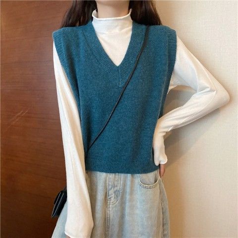 Áo Dệt Kim Không Tay Cổ Chữ V Màu Sắc Đơn Giản Phong Cách Hàn Quốc