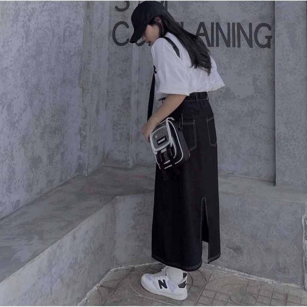 Chân váy dài qua gối kaki giả jean midi viền chỉ nổi basix trẻ trung năng động màu đen chất đẹp chuẩn ảnh | BigBuy360 - bigbuy360.vn