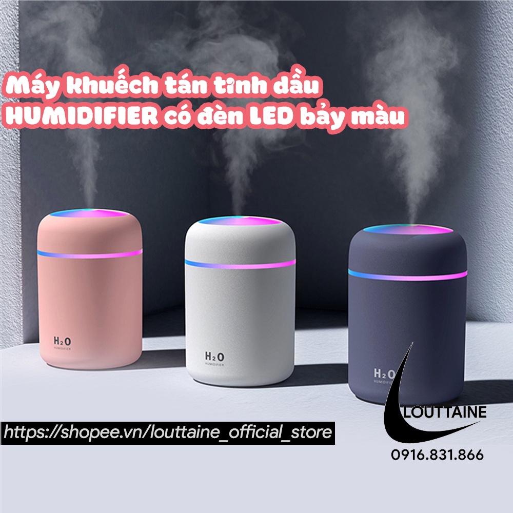 Máy khuếch tán tinh dầu HUMIDIFIER có đèn Led dung tích 300ml xoay nhiều màu, máy phun sương tạo ẩm cao cấp