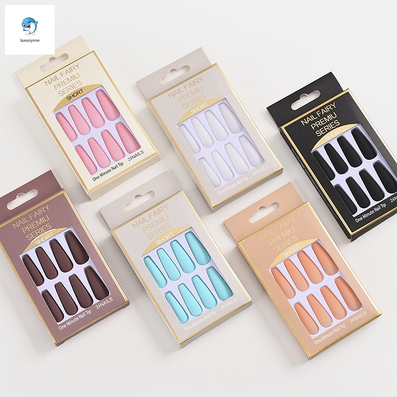 Bộ 24 móng tay giả màu trơn bằng nhựa resin siêu dài kèm gel phủ cho nữ