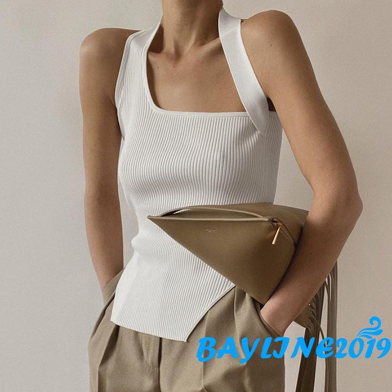 Áo ba lỗ dệt kim không tay màu sắc đơn giản cho nữ