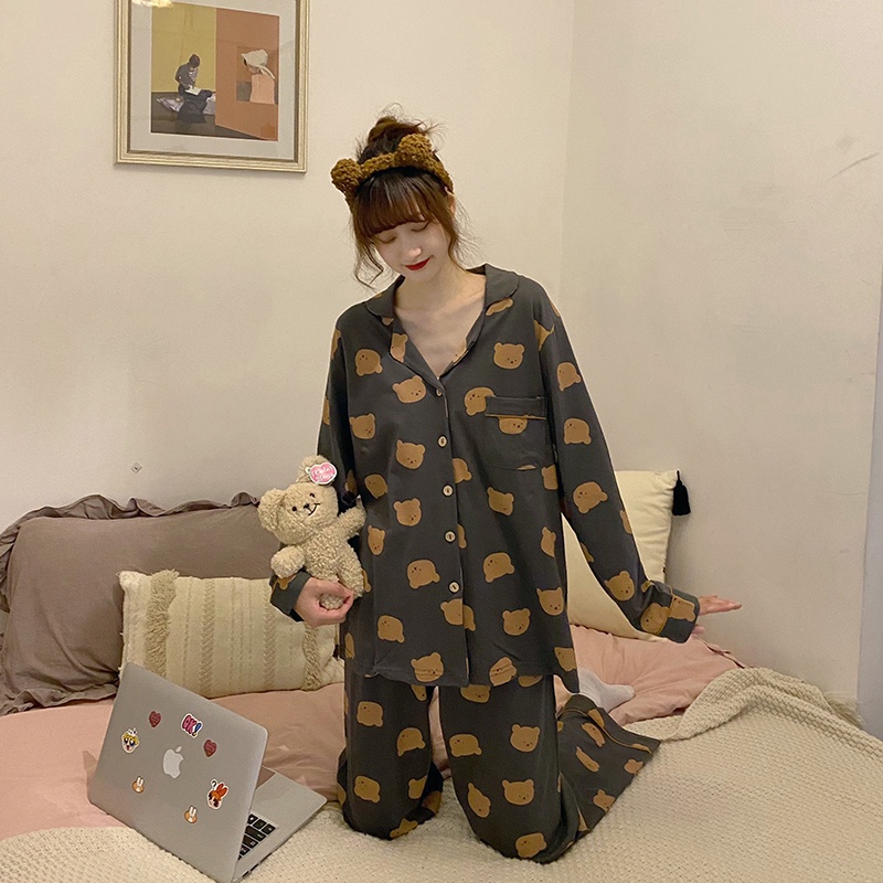 Bộ ngủ pyjama dài tay 2 màu đen trắng họa tiết gấu chất đẹp