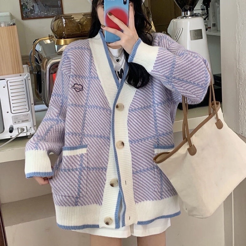 ÁO CARDIGAN SỌC XÉO NHỎ XANH TÍM