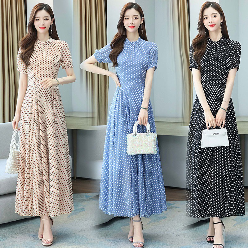 Đầm Dài Dáng Chữ A Tay Ngắn Cổ Tròn Họa Tiết Chấm Bi Dễ Thương