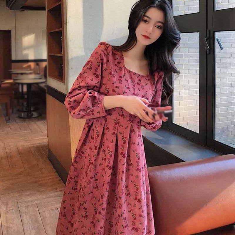 Đầm Tay Dài Hoạ Tiết Hoa Thời Trang Thu Đông Cho Phái Nữ