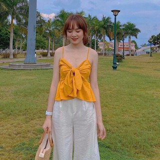 [hàng sẵn] ÁO 2 DÂY NƠ NGỰC - ÁO 2 DÂY HOA CÚC CHUN LƯNG MẶC ĐI BIỂN MÀU VÀNG