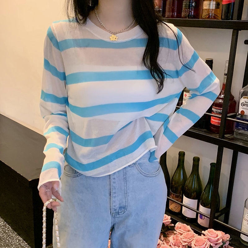 Áo Dệt Kim Mỏng Chống Nắng Họa Tiết Kẻ Sọc Đơn Giản Sáng Tạo