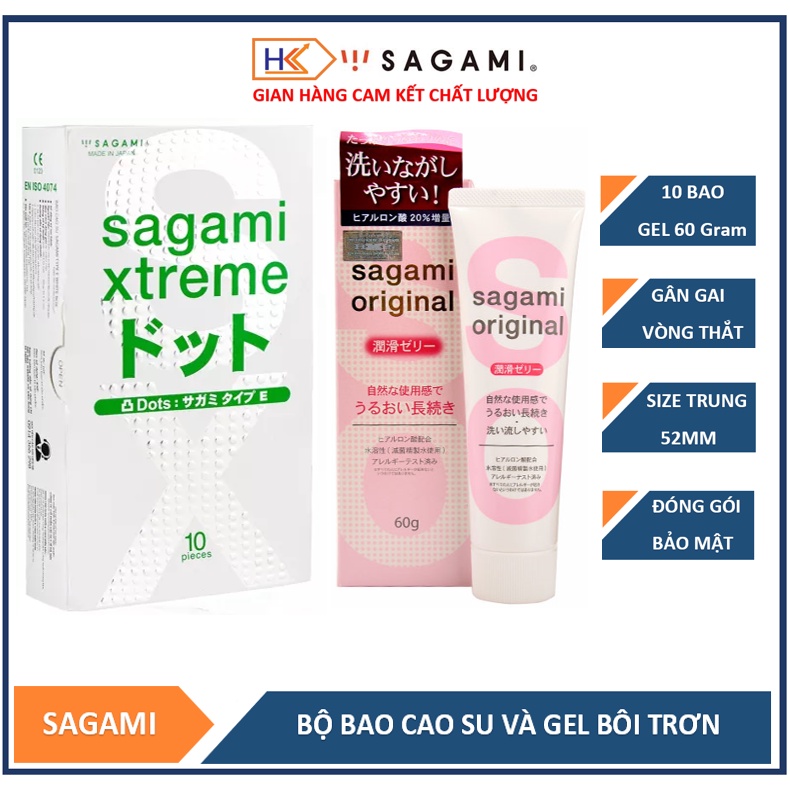 Combo bao cao su gân gai Sagami White 10 bao và gel bôi trơn tạo độ ẩm tự nhiên Sagami Original 60G