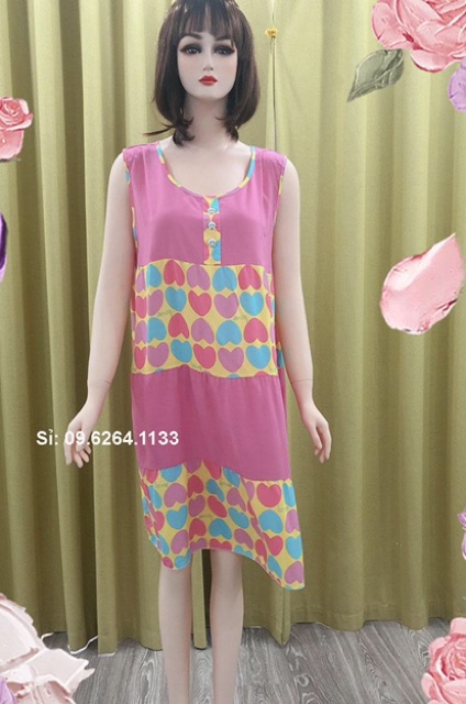Váy lanh dáng dài Bigsize SÁT NÁCH MINALADY họa tiết hình tim (Hồng - Xanh - Vàng) | BigBuy360 - bigbuy360.vn