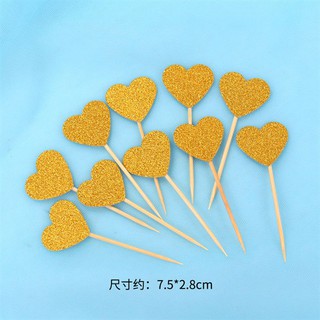 Phụ kiện trang trí bánh sinh nhật_Que cắm tim giấy nhũ nhỏ vàng (10 que)