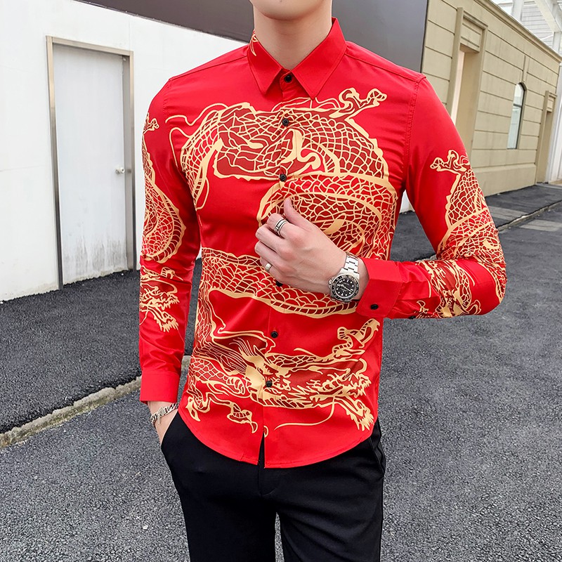 Áo thun xã hội cho Men Dragon mẫu Hip hop Long tay áo Blouse Man Slim vừa quần áo mới áo kiểu Trung Hoa Summer
