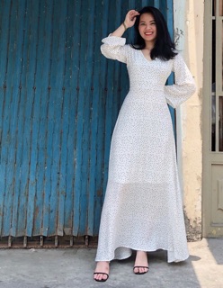 Váy midi trắng chấm bi nhỏ - form dài