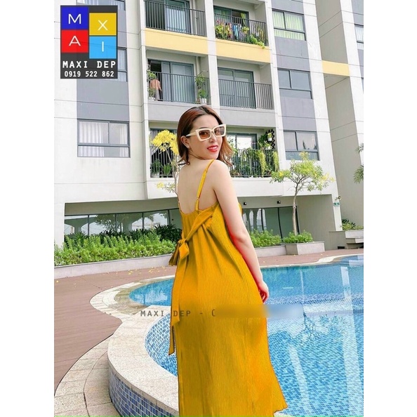 Đầm suông hai dây dập ly cột nơ lưng cực đẹp - video và hình thật trải sàn