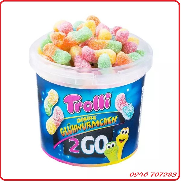Kẹo dẻo Trolli Sour Glowworms 2GO hình sâu vị chua hủ 150gr