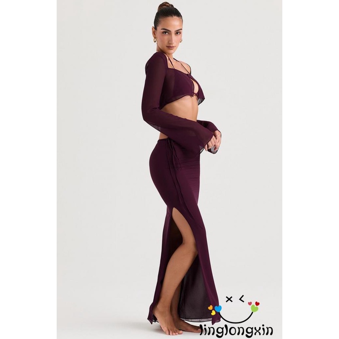 Bộ Áo Croptop Dài Tay Màu Trơn + Chân Váy Dài Lưng Cao Xẻ Tà Phối Dây Thời Trang Cho Nữ Linglongxi2