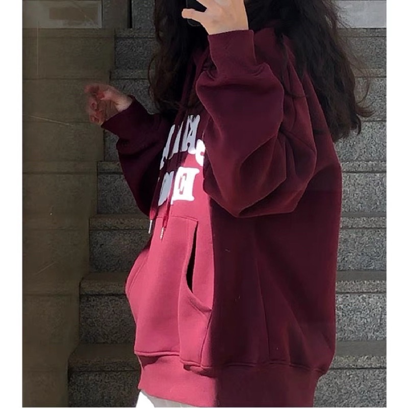 Áo Hoodie Nỉ Bông Dài Tay Màu Đỏ Sậm Chữ In GATION ENJON