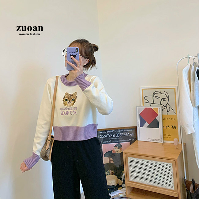 Áo dệt kim nữ SUXI dài tay cổ tròn thời trang hàn