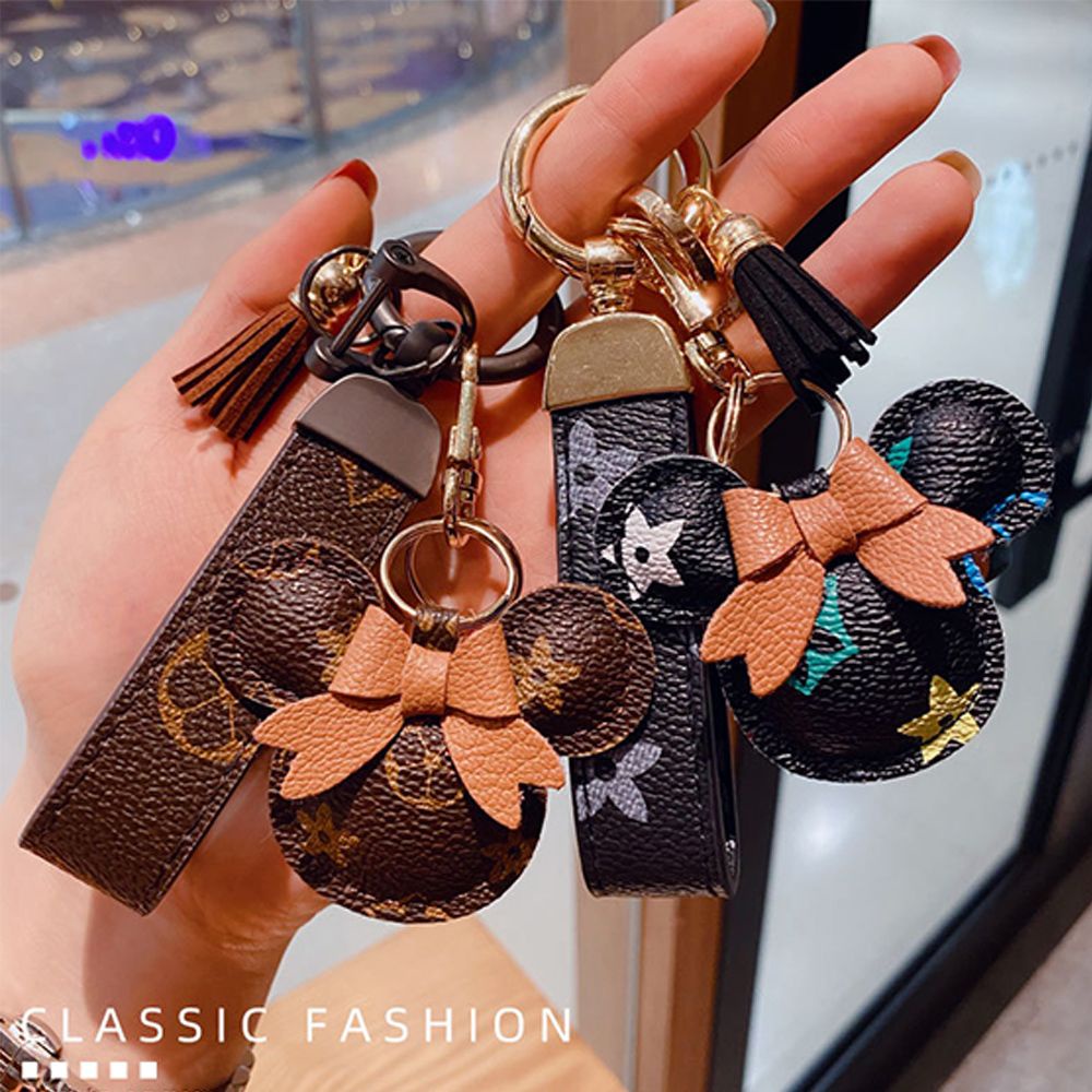 Móc khóa gắn mặt hình chuột Mickey bằng da PU phối vải bông dễ thương