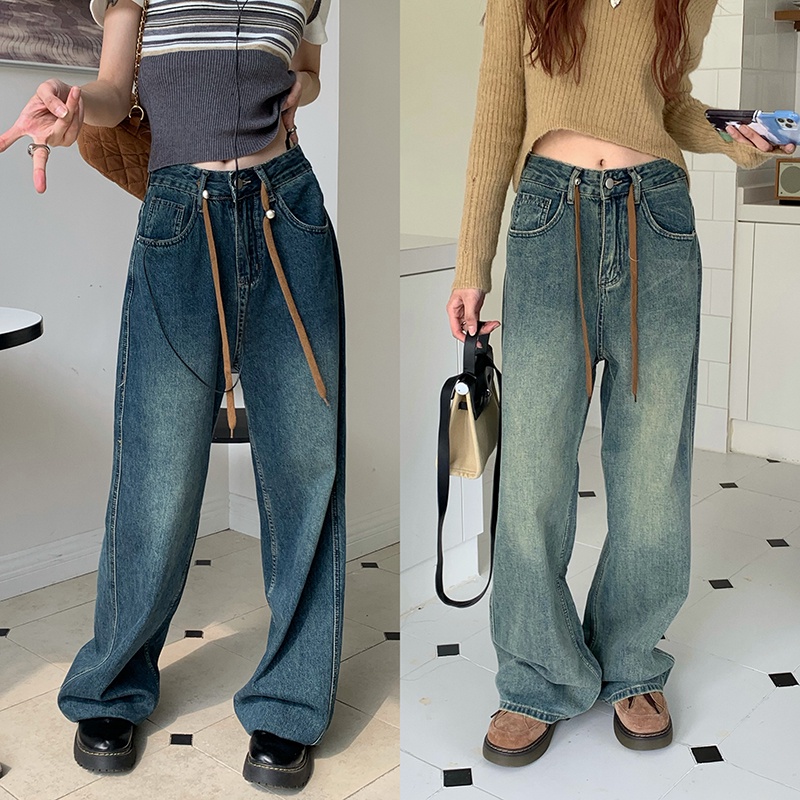 Quần Denim Ống Rộng Phối Dây Rút Phong Cách Retro 55787