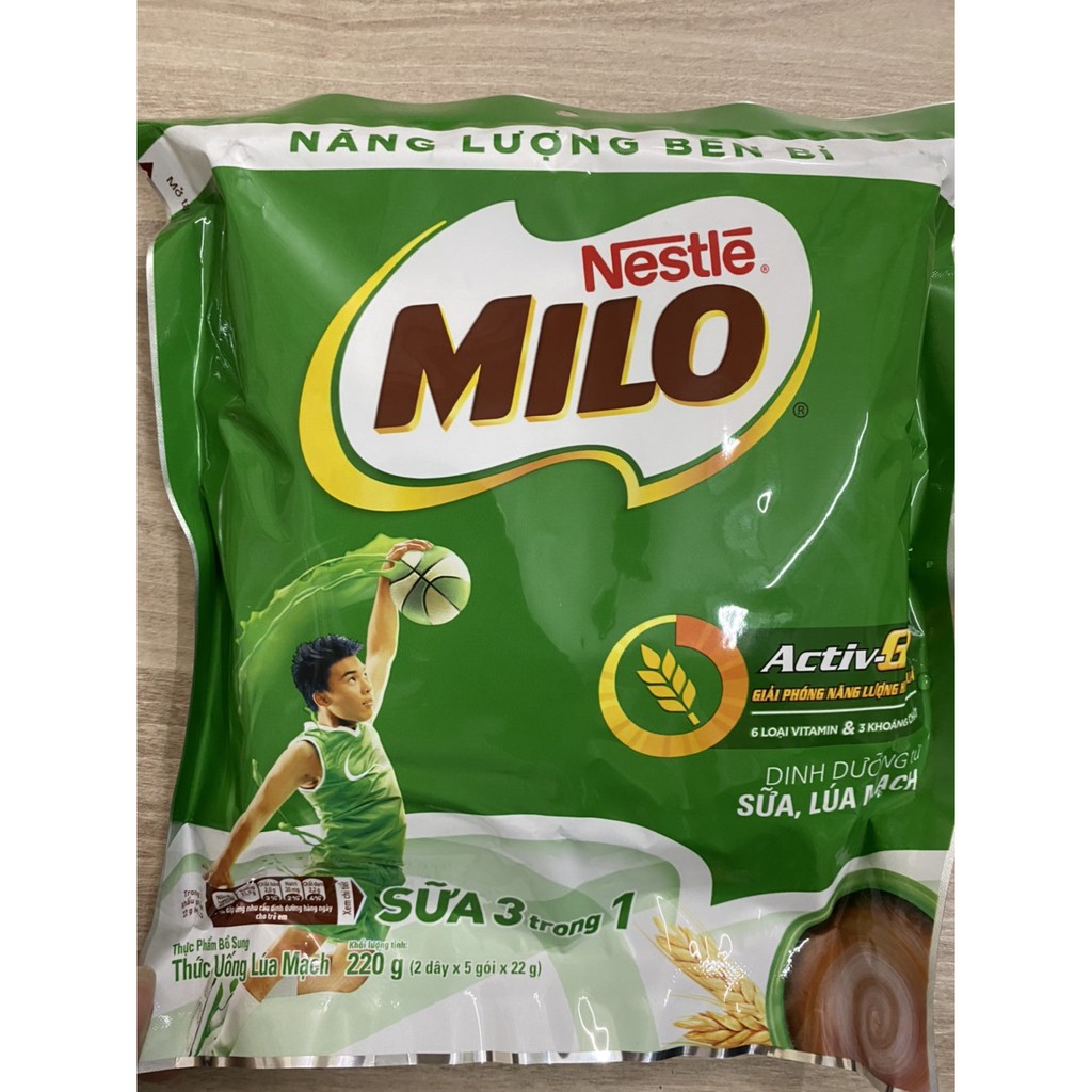 Sữa Nestle Milo 3 trong 1  - Thức uống lúa mạch dạng bột pha sẵn, túi 10 gói 22gram) thơm ngon, tiện dụng, dễ bảo quản