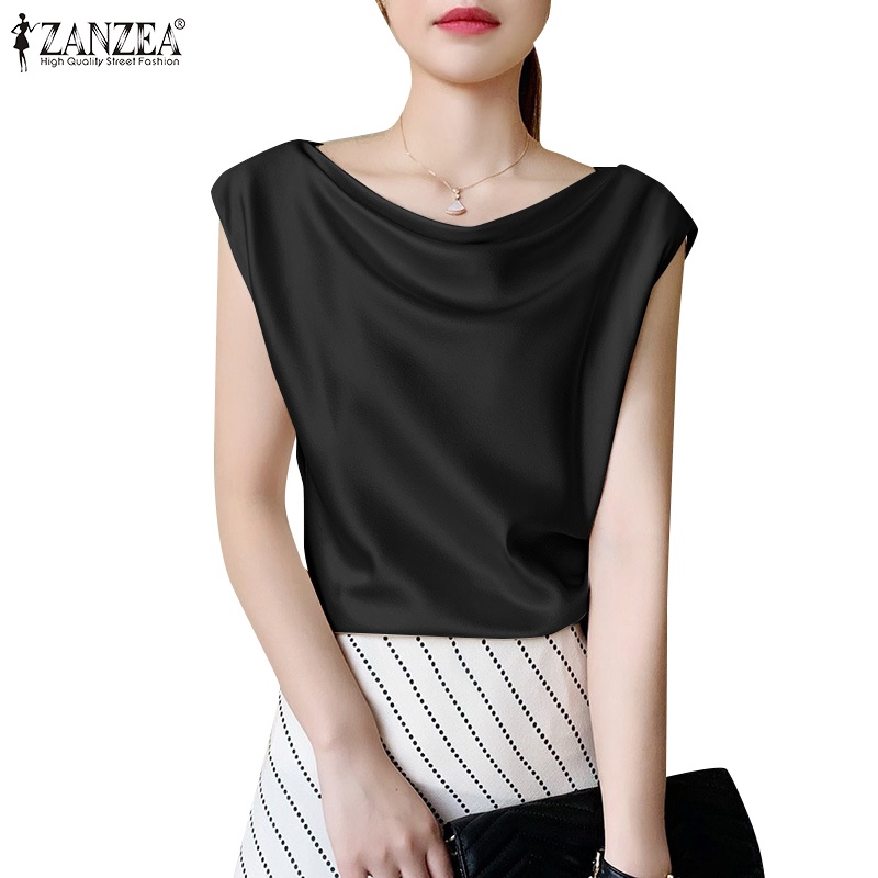 Zanzea Áo Kiểu Vải Satin Không Tay Dáng Rộng Thời Trang Công Sở Cho Bạn Gái