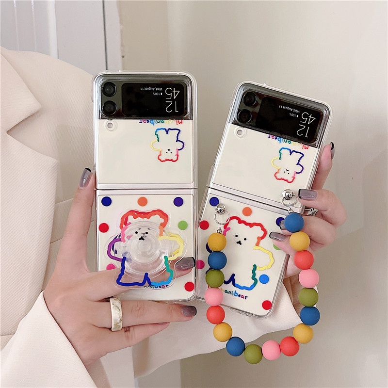 Ốp Điện Thoại Cứng Màu Trong Suốt Có Giá Đỡ Hình Gấu Cho Samsung Galaxy Z Flip 3 4 Z Flip3 ZFlip3