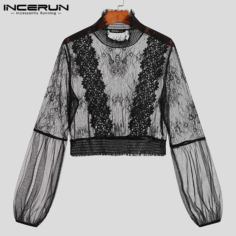 INCERUN Áo Croptop Tay Dài Phối Ren Xuyên Thấu Thời Trang Cho Nam