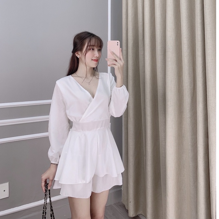 Jumpsuit nữ xòe hai tầng thiết kế dài tay dễ thương xinh xắn quyến rũ