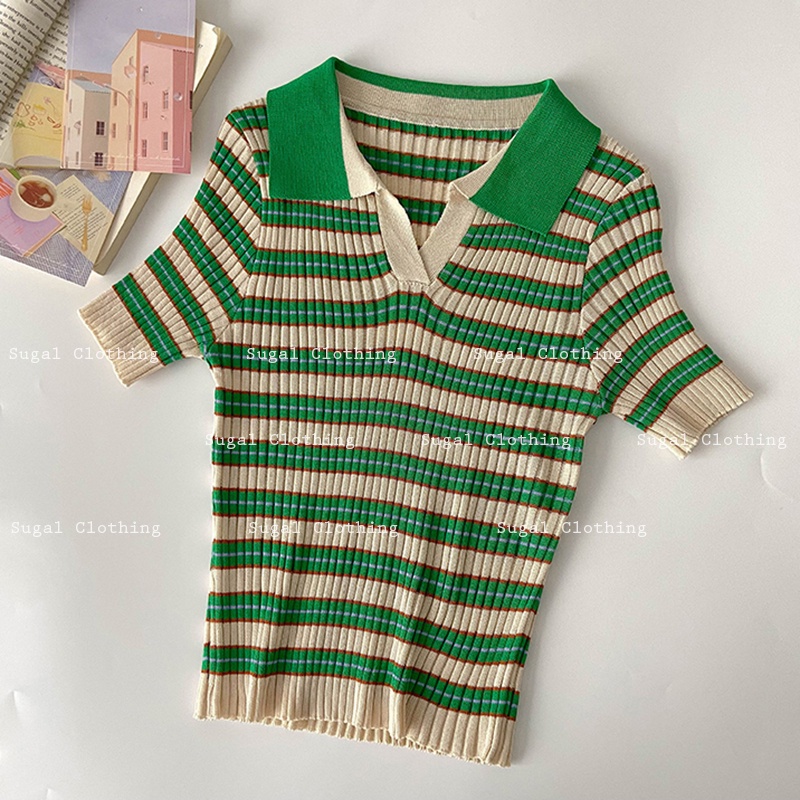 Áo Croptop Len Mongtoghi Kẻ Cổ Bẻ Cộc Tay Co Giãn Thời Trang Sugal TOP NU 049