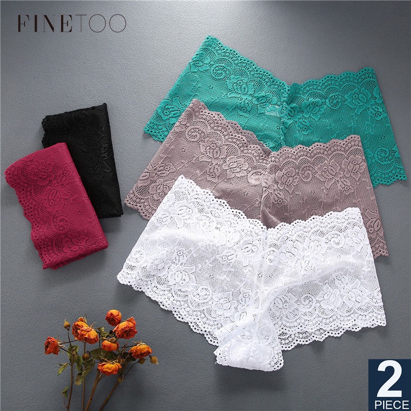 FINETOO Set 2 Quần Lót Ren Hoa Lưng Cao Thời Trang Cho Nữ