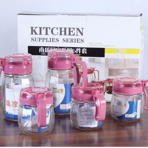 SÉT 5 HŨ GIA VỊ THUỶ TINH ĐỰNG GIA VỊ