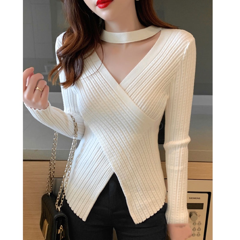 Áo Len Dài Tay Cổ Chữ v Thiết Kế Không Đồng Đều Mới Thời Trang Dành Cho Nữ