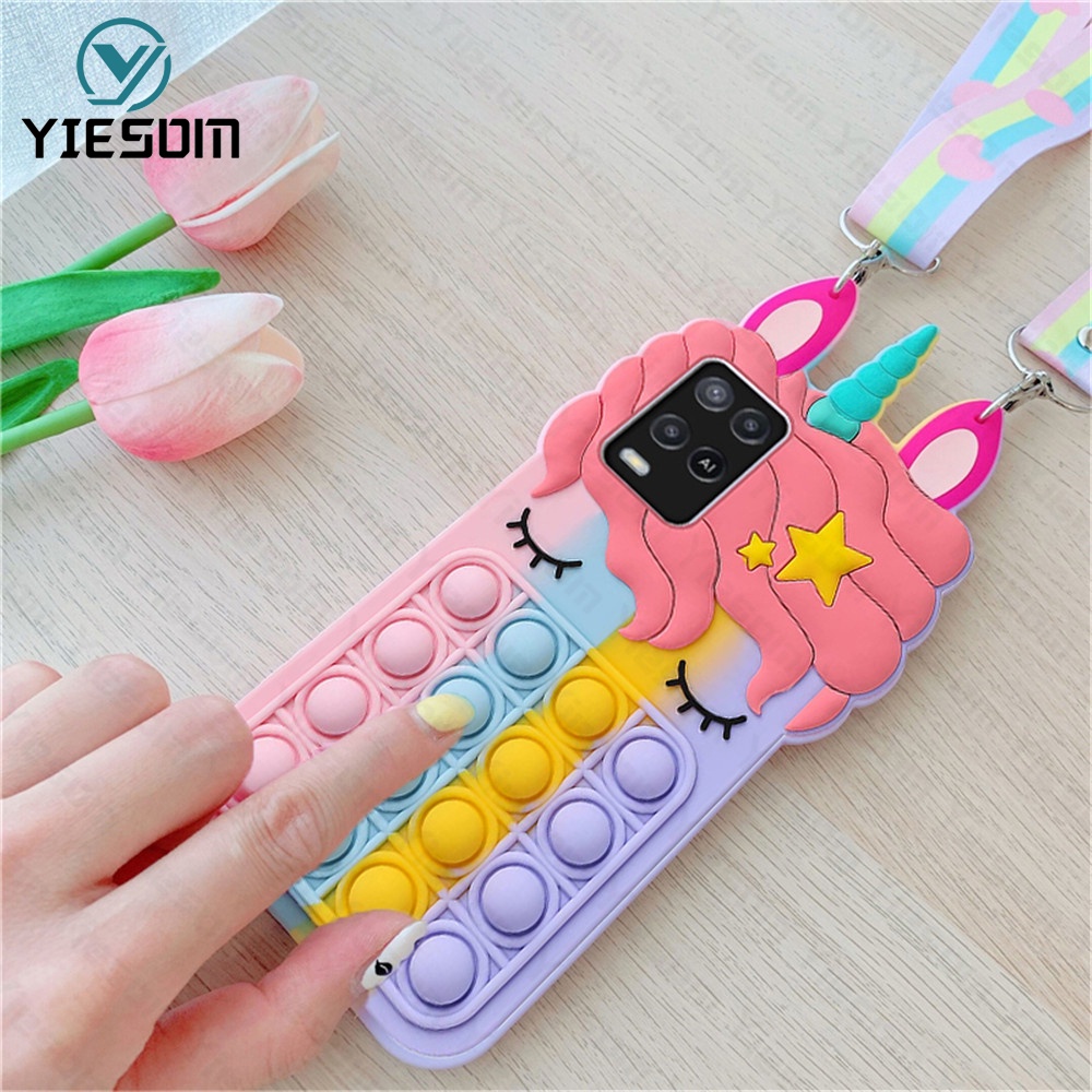 Ốp Điện Thoại Hình Kỳ Lân Cầu Vồng Gắn Dây Đeo Cho OPPO A54 A16 A15 A15S A12 A7 A5S A3S A52 A92 A31 A5 A9 2020 A39 A59 F5 F9